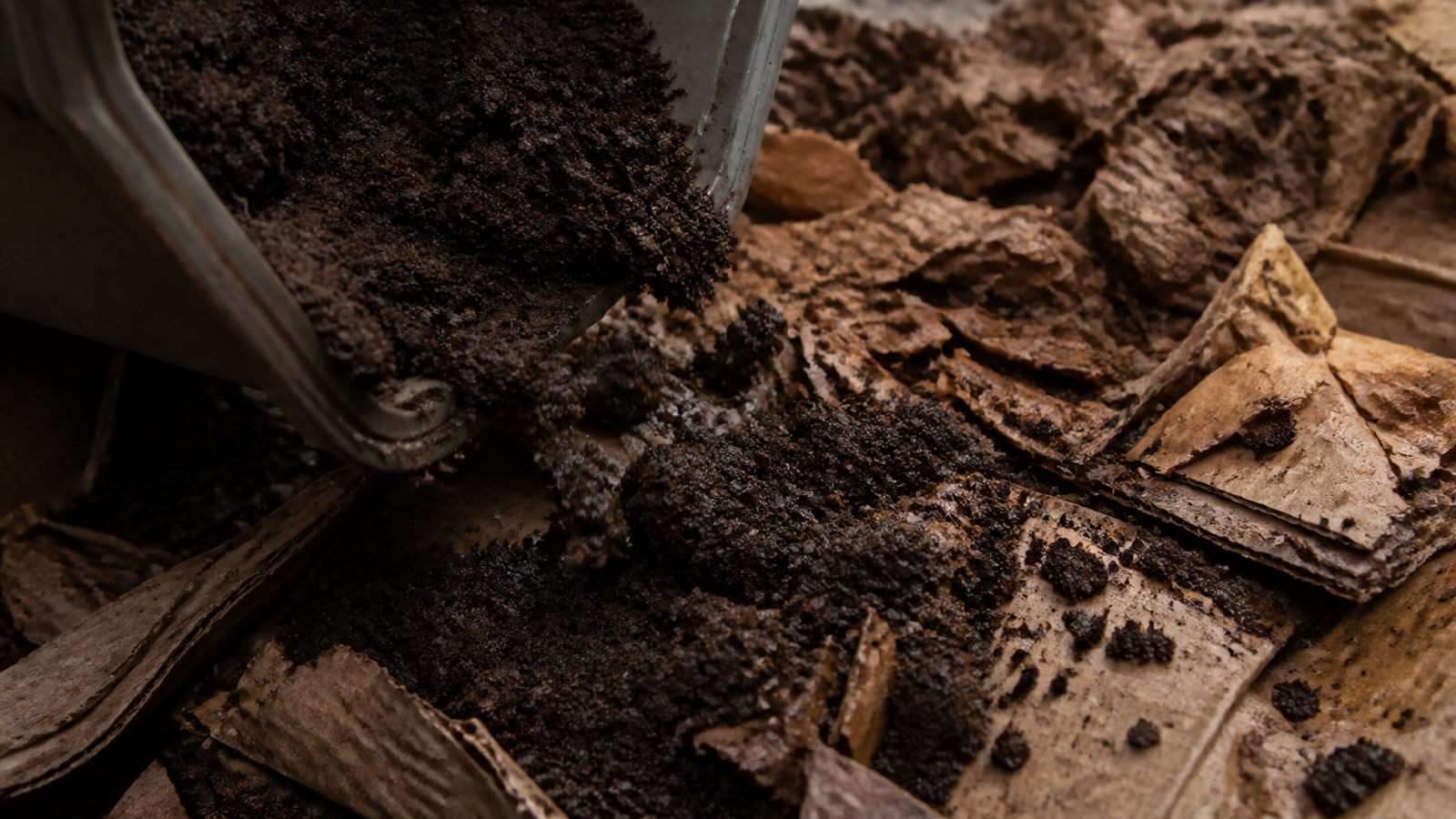Spent coffee grounds being tipped from a kitchen caddy onto a compost pile, wet dark grounds against shredded leaves and torn cardboard, compost coffee grounds