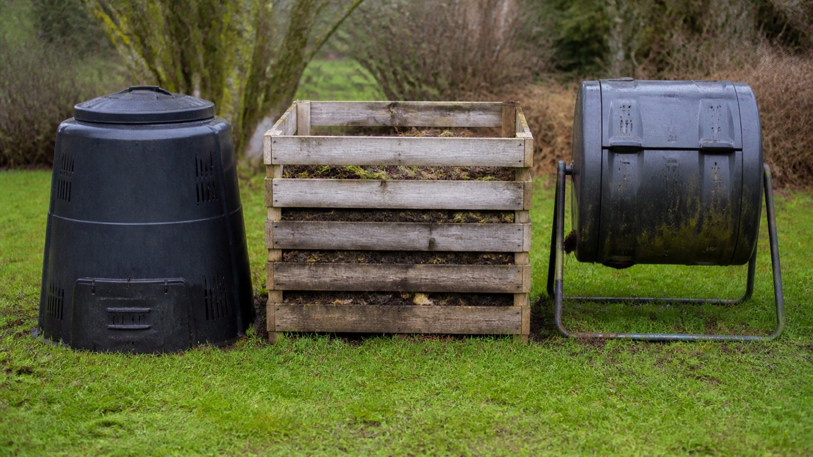 A plastic bin, a wooden slatted bay and a rotating tumbler lined up for comparison when choosing a compost bin
