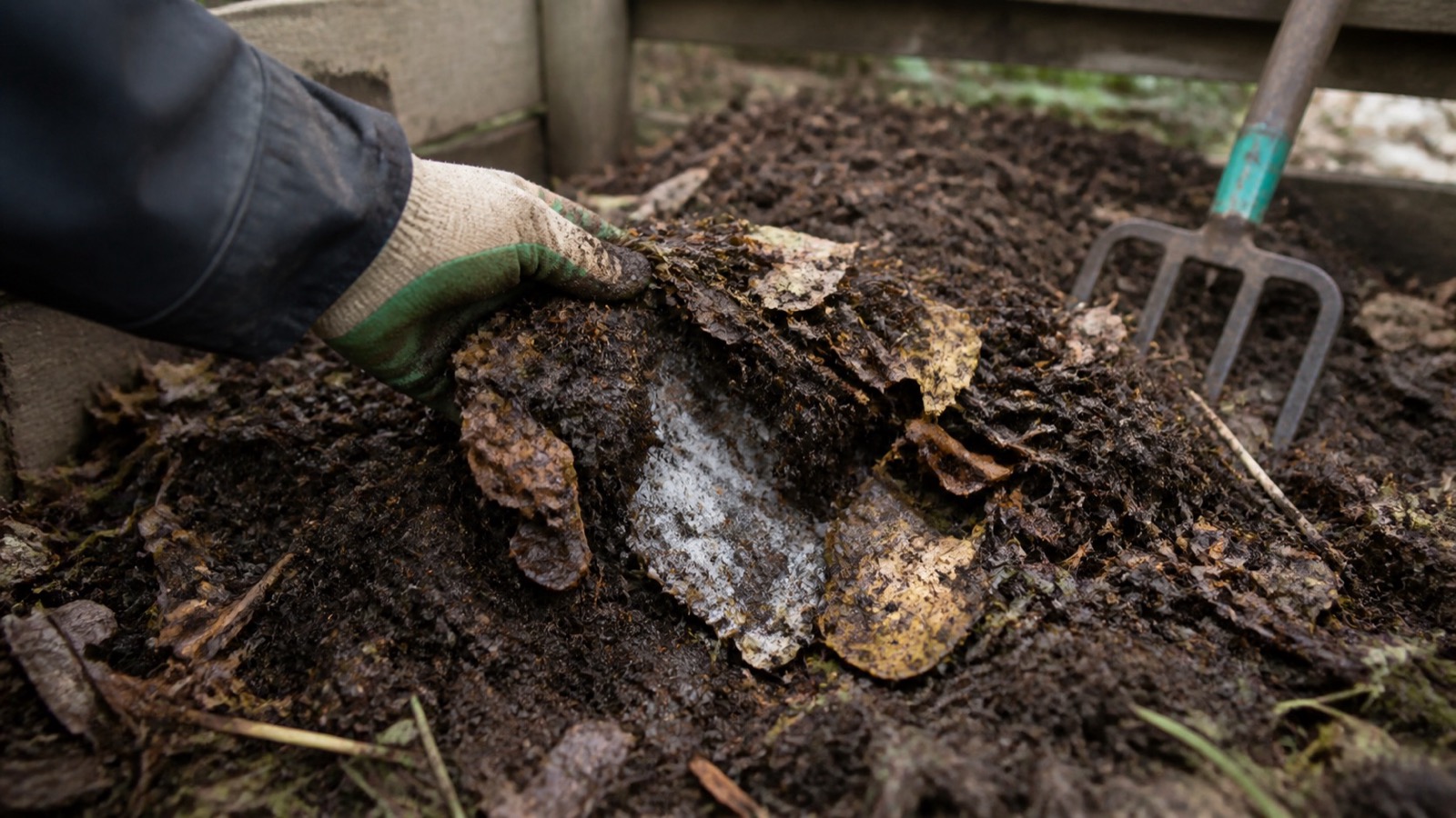 A gloved hand pulling back a troubled pile to reveal pale mould and matted layers, showing common compost problems