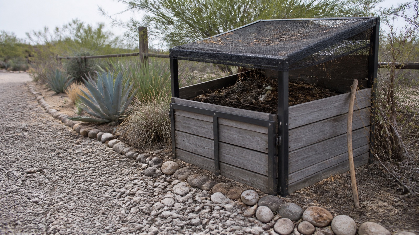 A shaded enclosed compost bin in a dry desert garden, illustrating composting by climate