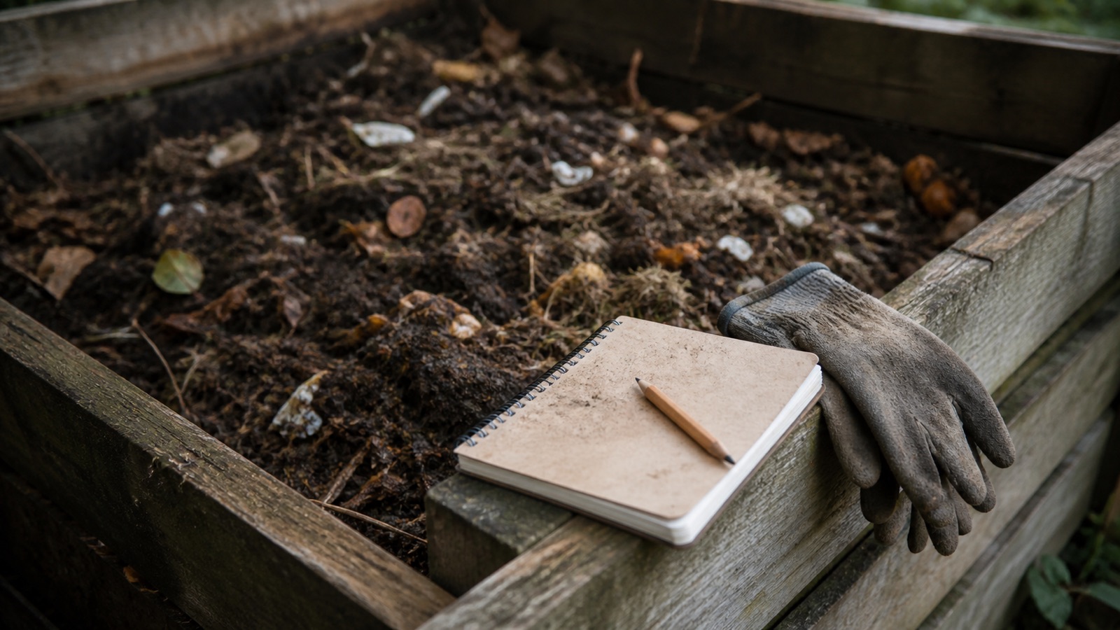 A notebook and pencil on the edge of a compost bin, representing common composting questions
