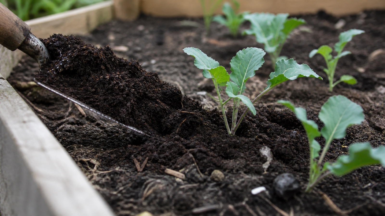 Finished compost being spread as a mulch around young seedlings, showing how to use compost in a raised bed