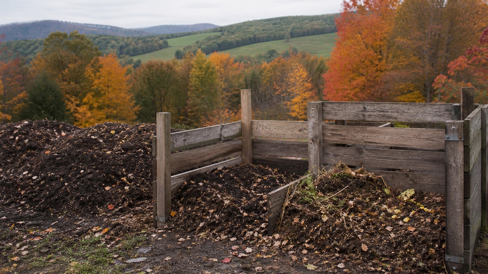 Wooden compost bays at a New England farmstead with autumn maples behind, representing composting in Vermont