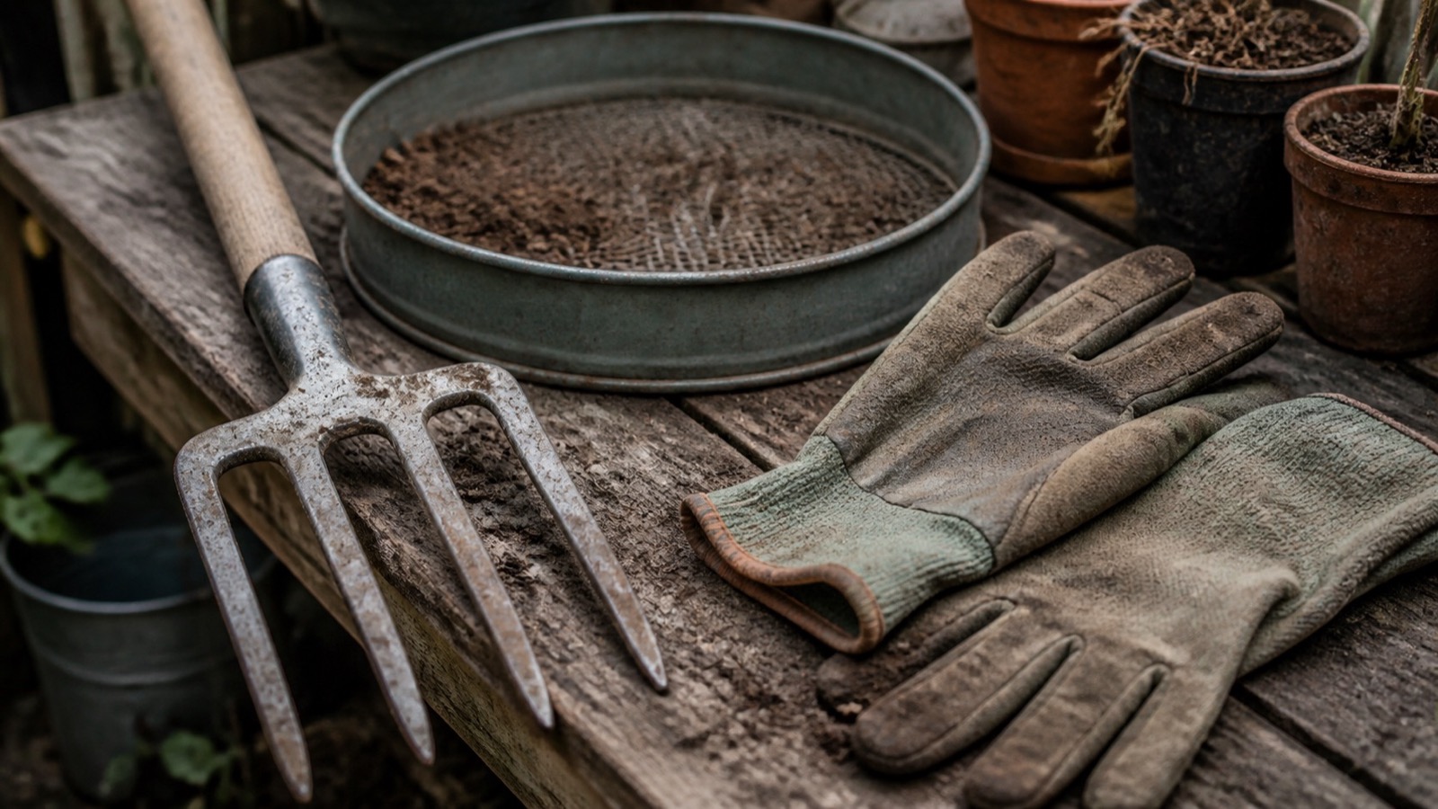 Garden tools arranged on a workbench, fork, sieve and gloves — affiliate disclosure