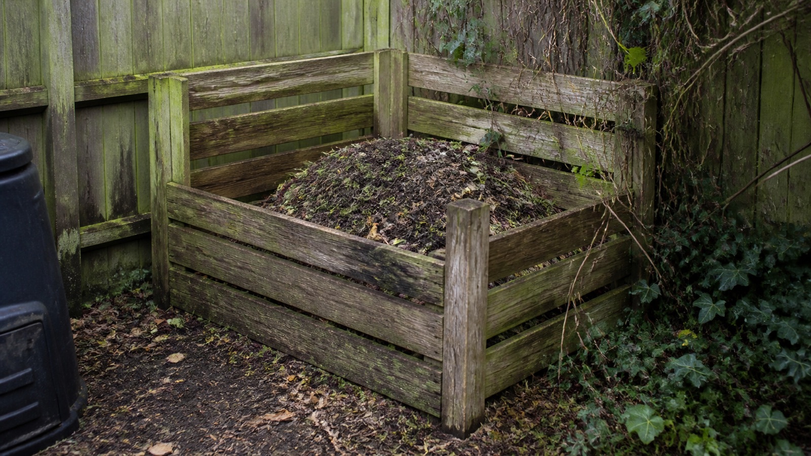 A simple wooden compost bay in the corner of a domestic back garden, backyard composting
