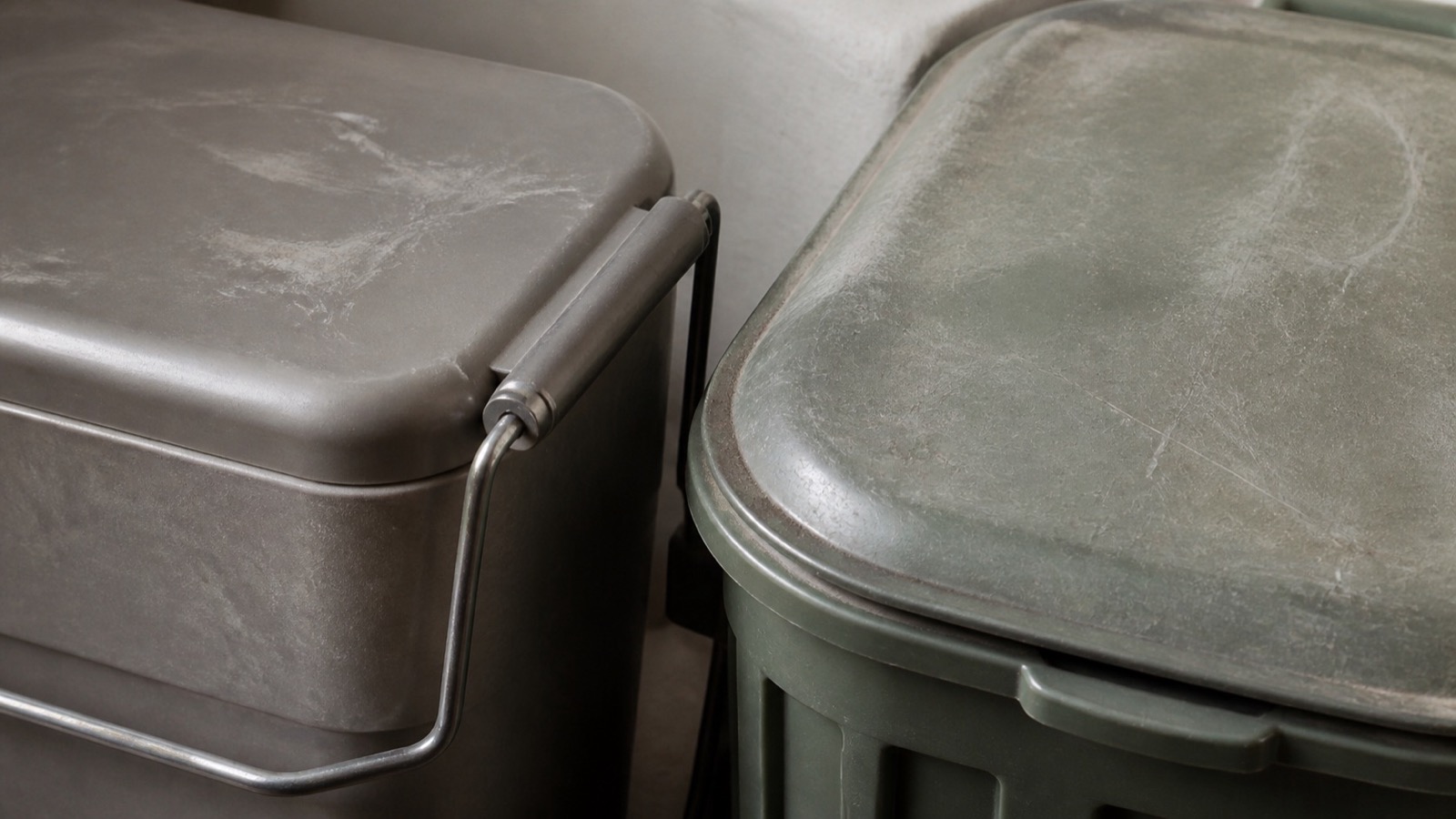 Extreme close-up filling the frame: a covered kitchen caddy beside a compost bin with a closed lid, no food visible, compost meat
