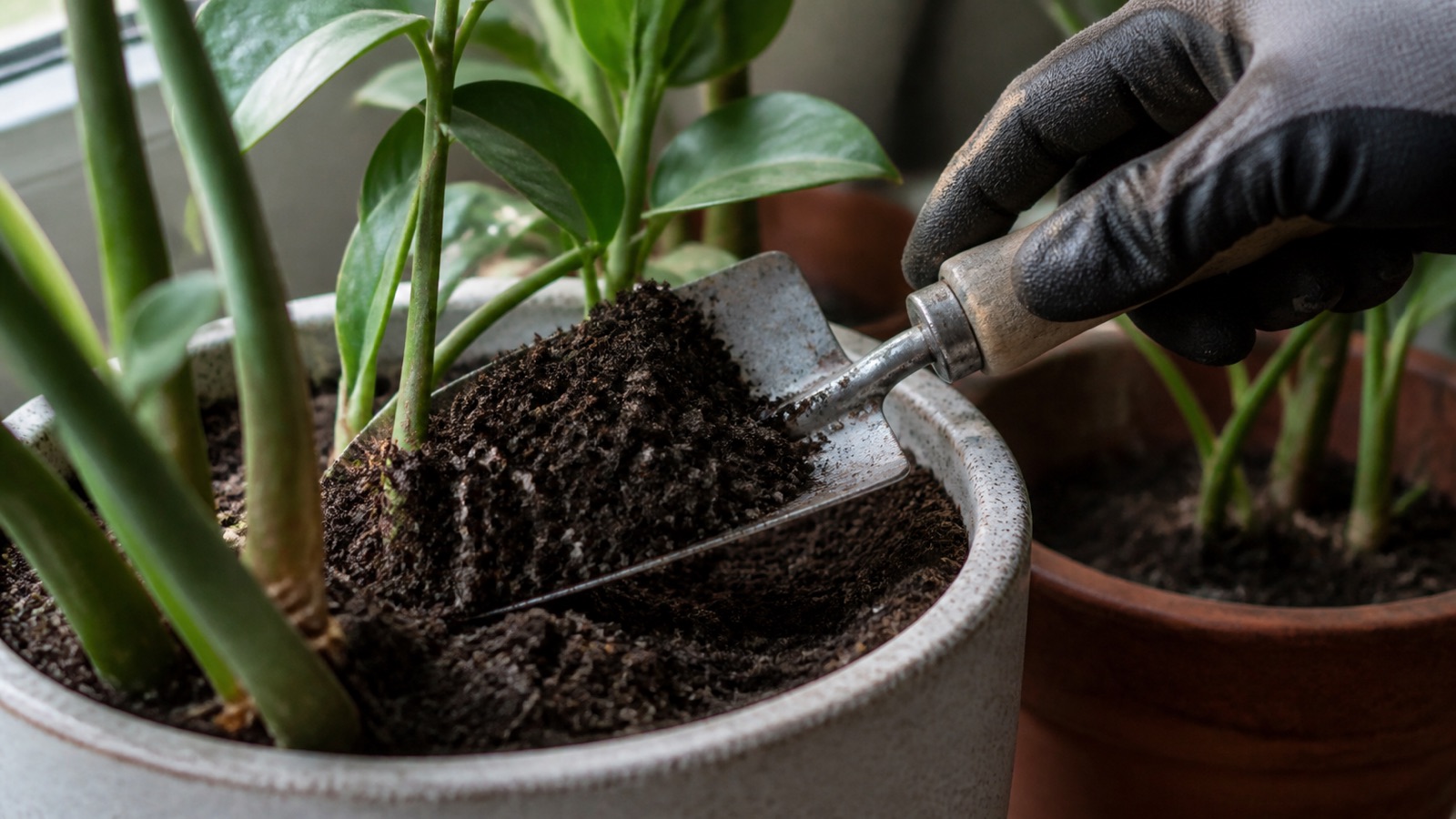 Dark crumbly compost being spread as a mulch on houseplants, trowel or gloved hand in frame, compost for houseplants