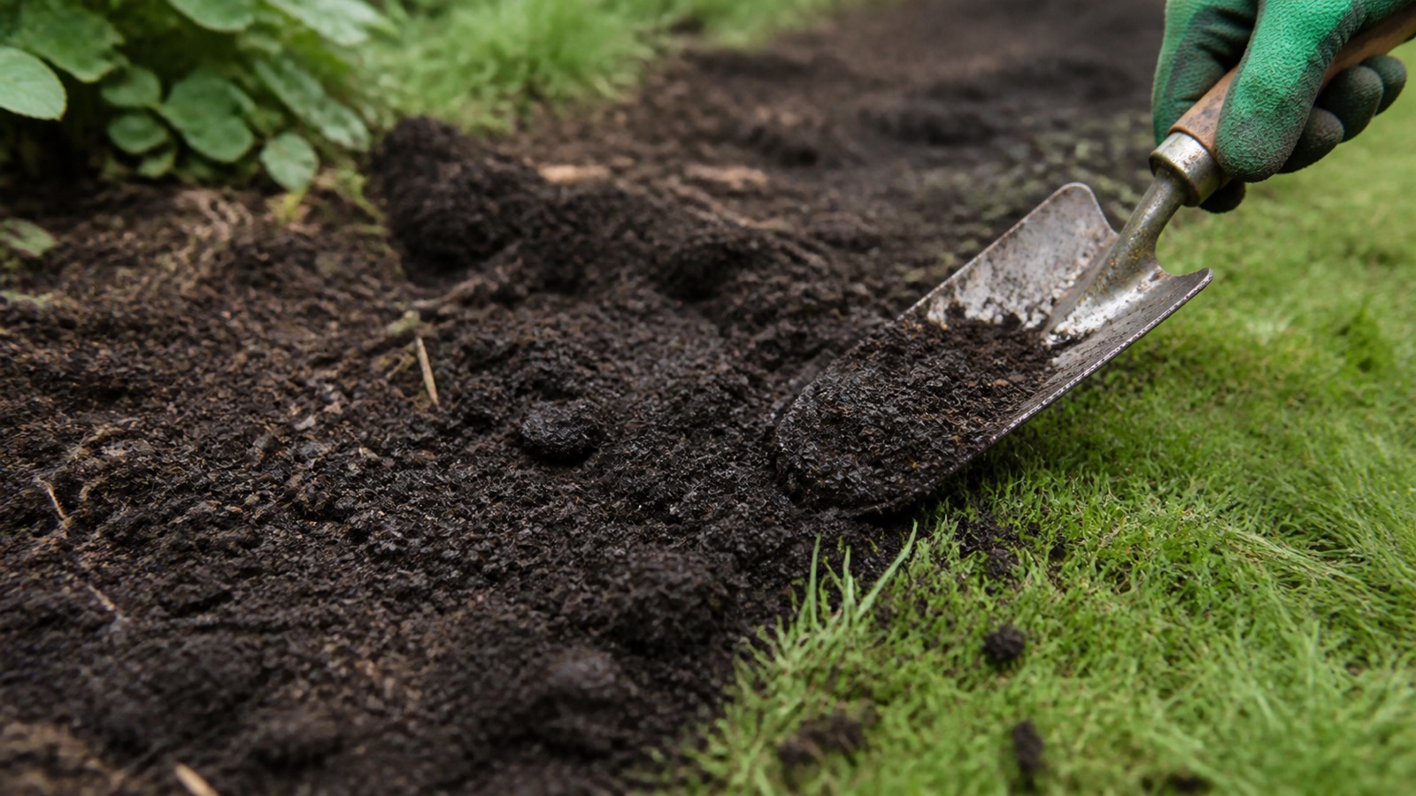Dark crumbly compost being spread as a mulch on lawns, trowel or gloved hand in frame, compost for lawns