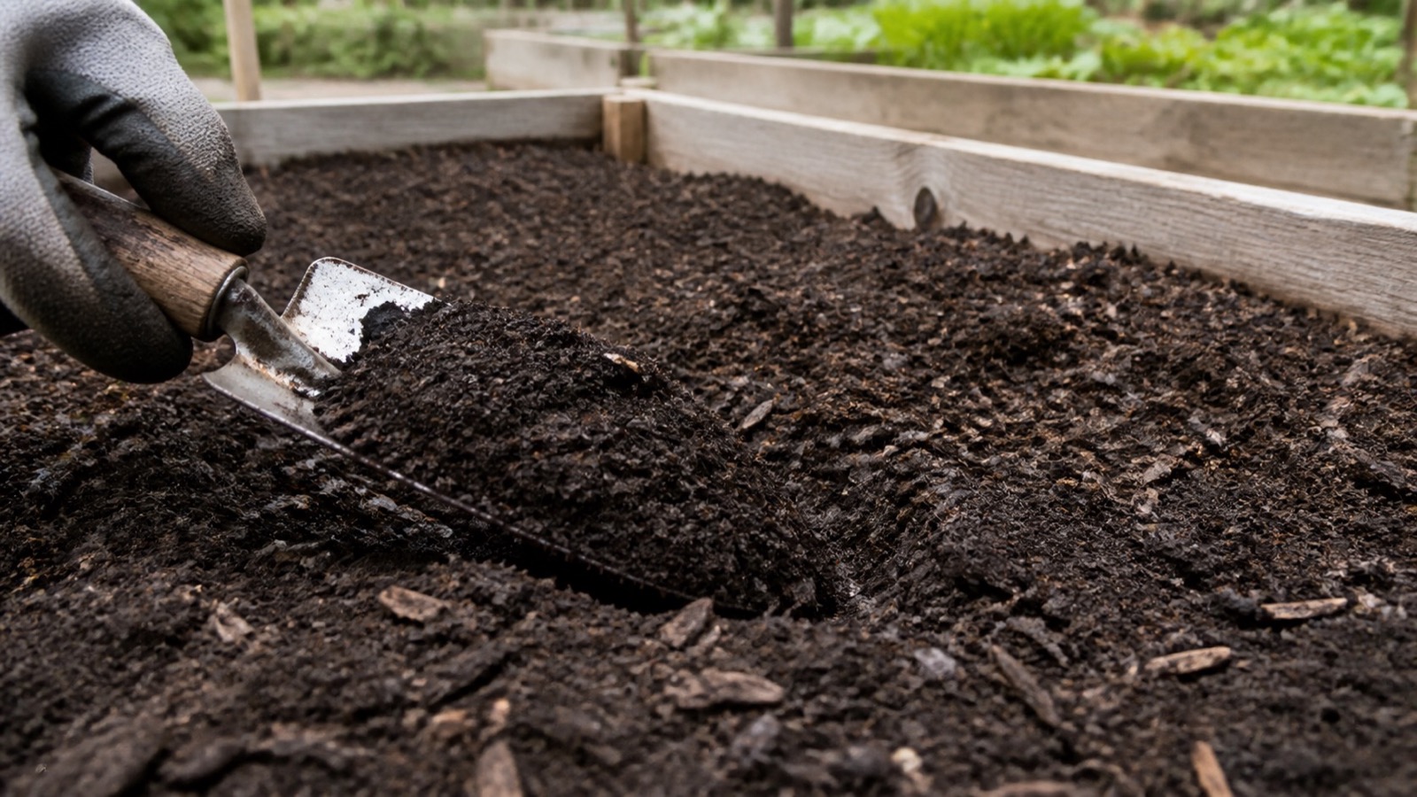Dark crumbly compost being spread as a mulch on raised beds, trowel or gloved hand in frame, compost for raised beds