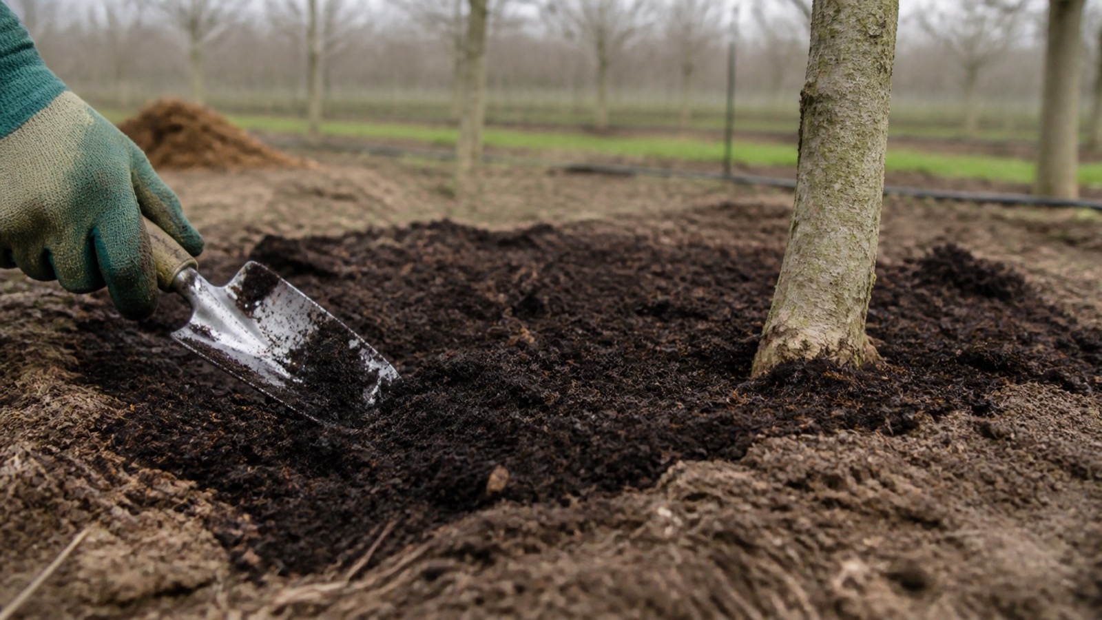 Dark crumbly compost being spread as a mulch on trees, trowel or gloved hand in frame, compost for trees
