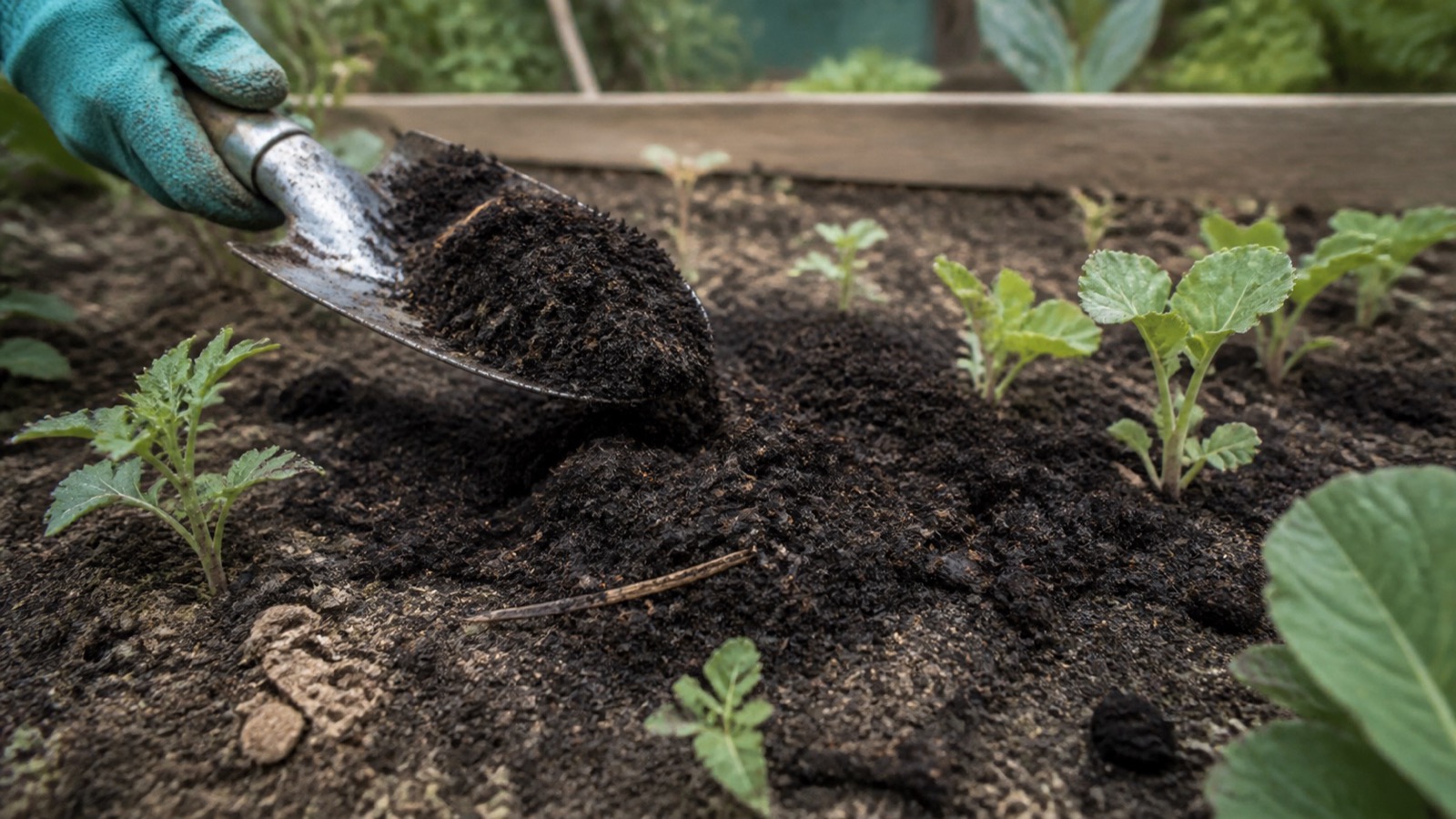 Dark crumbly compost being spread as a mulch on vegetable gardens, trowel or gloved hand in frame, compost for vegetable gardens