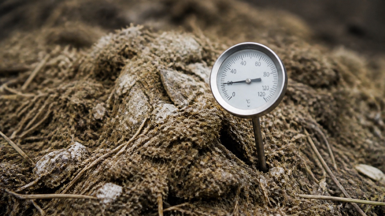 A compost thermometer reading low in a cold pale compost pile, compost not heating up