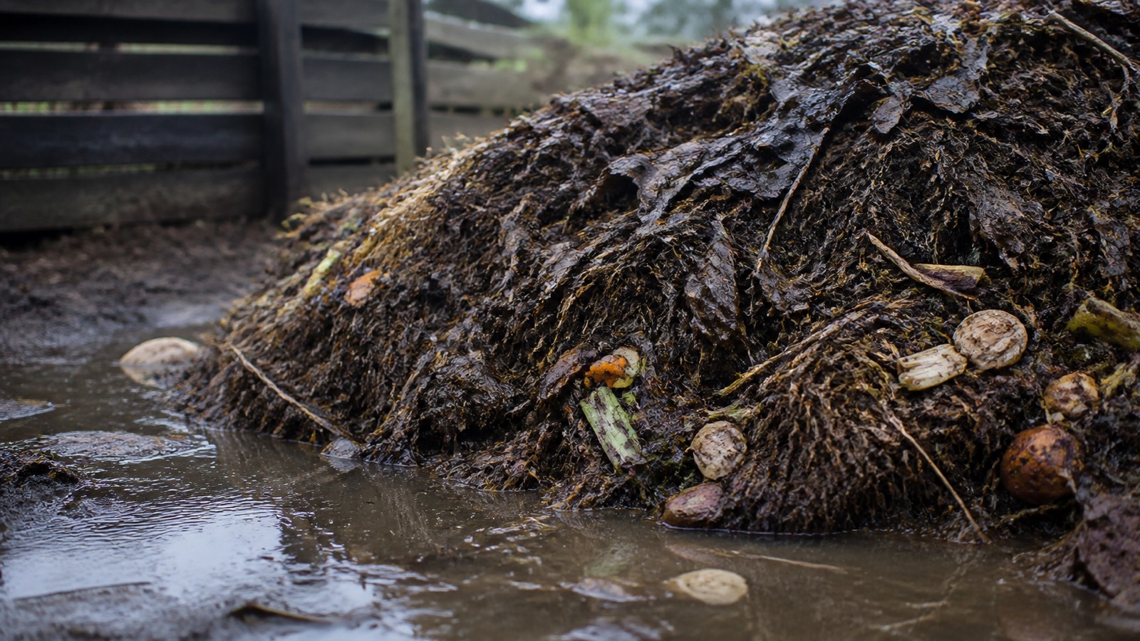 A sodden waterlogged compost pile with water pooling at the base, compost too wet