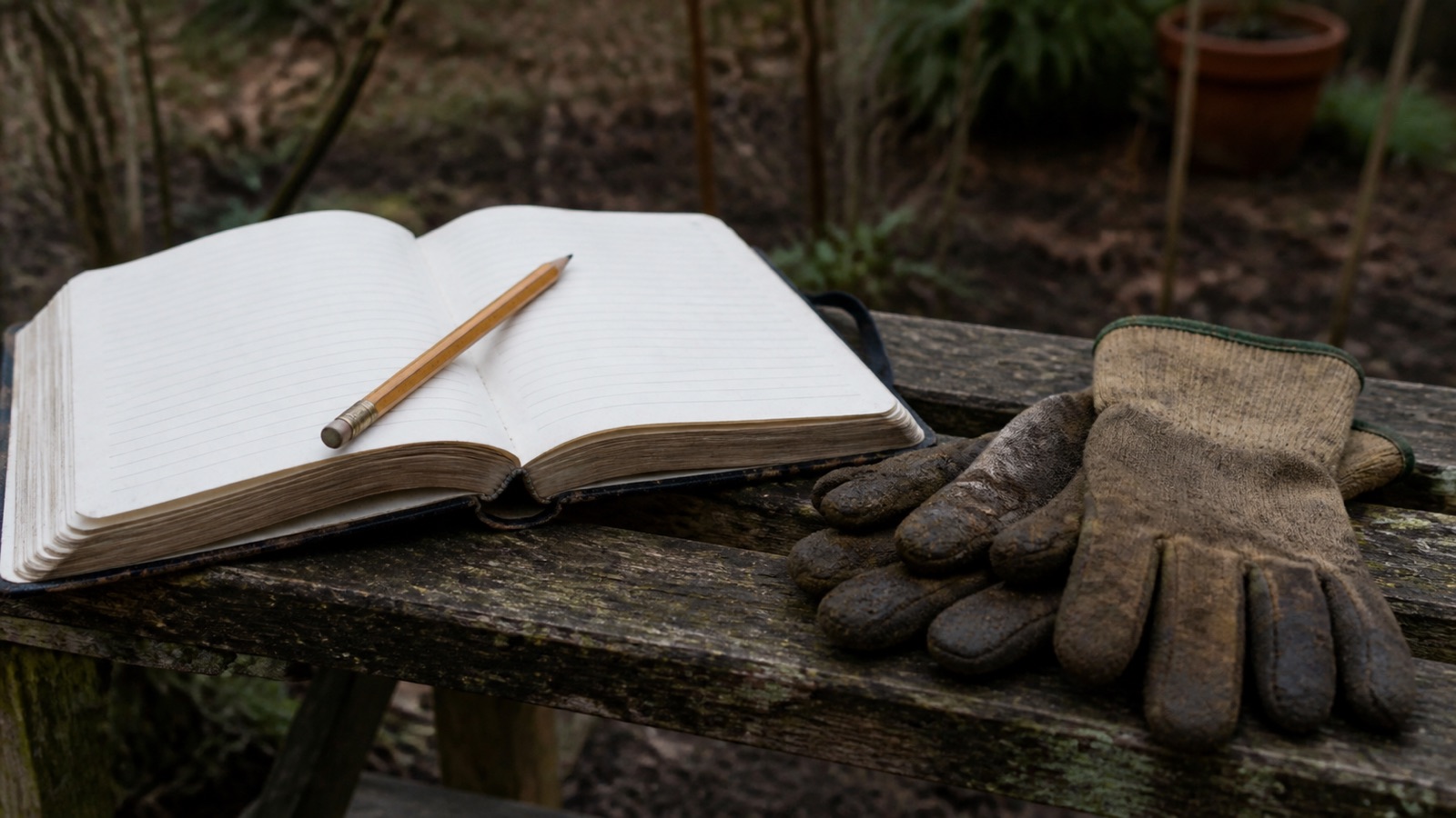 A notebook and pencil on a garden bench beside gardening gloves — contact