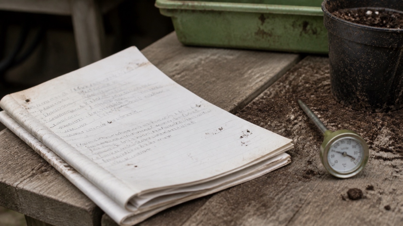 Gardening notes and a soil thermometer on a wooden potting bench — editorial policy