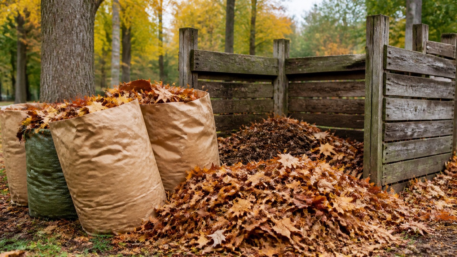 Bagged and heaped autumn leaves beside a compost bay under maple trees, fall leaf composting