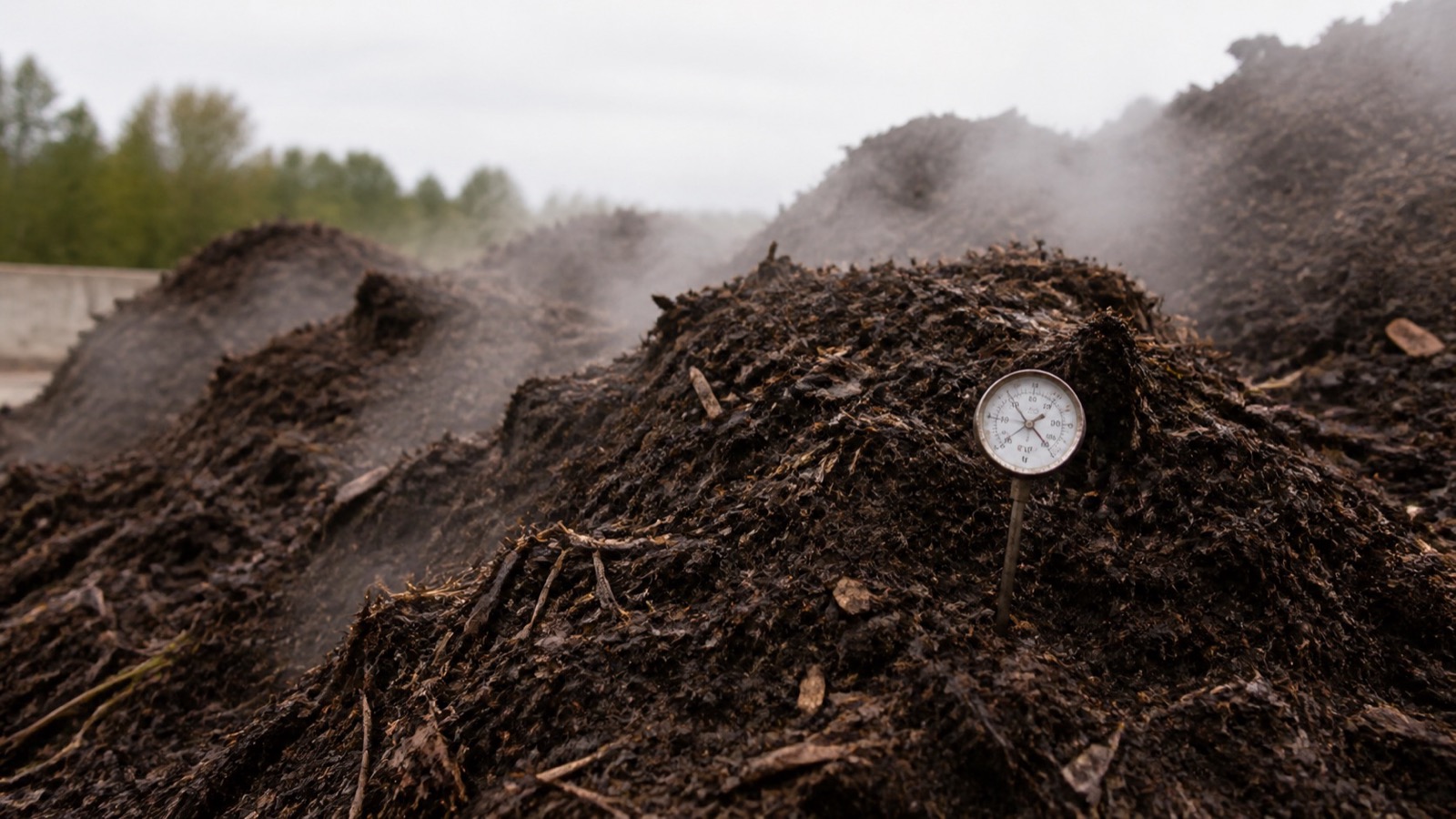 A large freshly built compost pile with steam rising and a thermometer inserted, hot composting