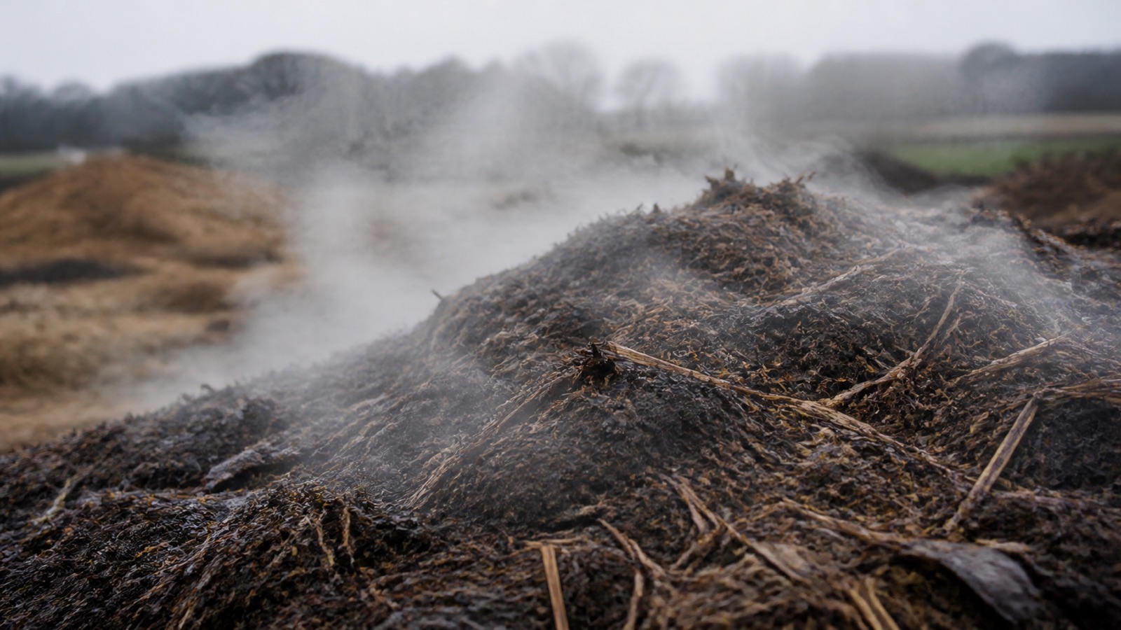 Steam rising from a hot compost pile on a cold morning — how composting works