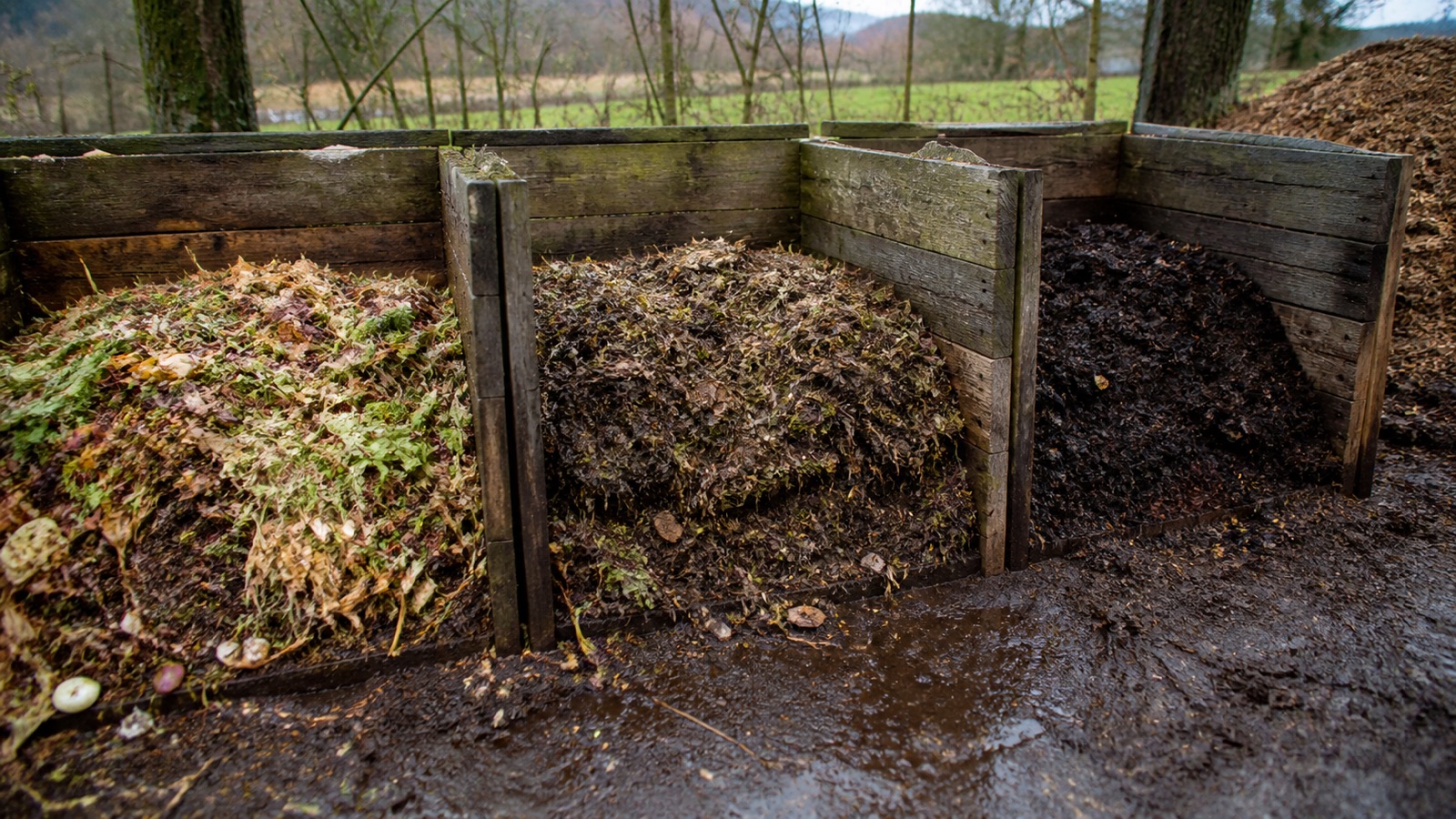 Three compost bays showing fresh, half-broken-down and finished material — how long does compost take