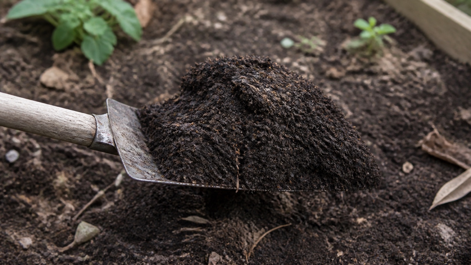 A spade lifting dark crumbly improved garden soil full of organic matter, improve garden soil