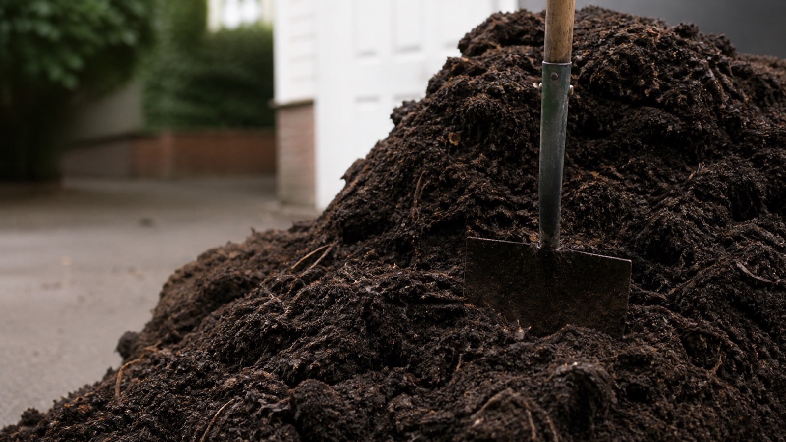 A delivered heap of bulk compost on a driveway with a spade in it, bulk compost