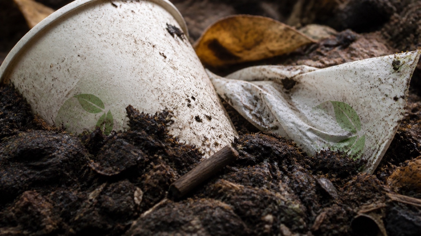 Extreme close-up: a compostable-labelled cup and bag half buried in compost, still intact, compostable packaging