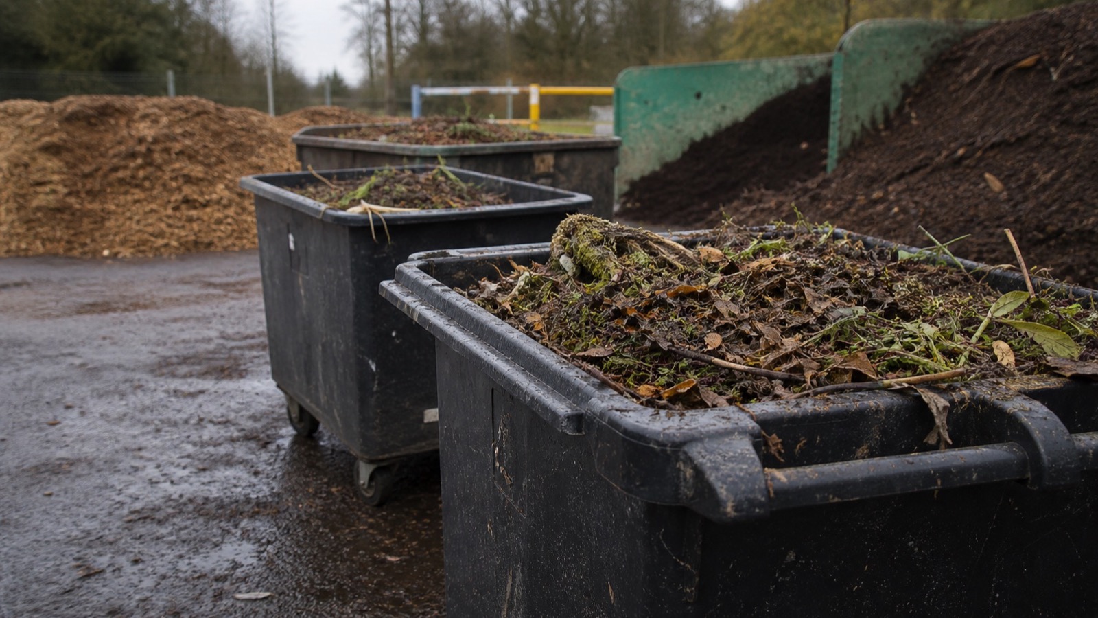 A rural transfer station compost drop-off area with collection carts, Vermont compost drop-off