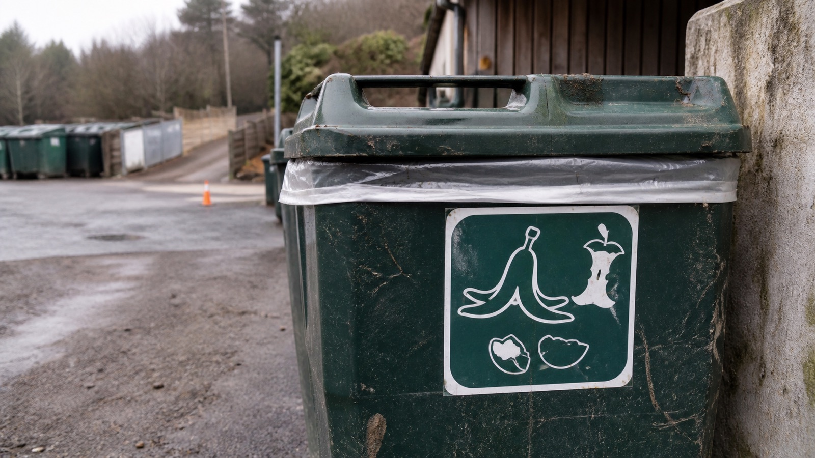 A labelled food scrap collection bin at a Vermont transfer station, Vermont compost regulations
