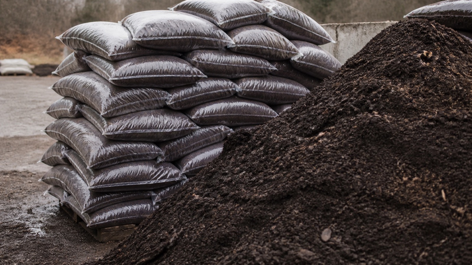 Bags and a bulk heap of compost at a New England farm supply yard, Vermont compost suppliers