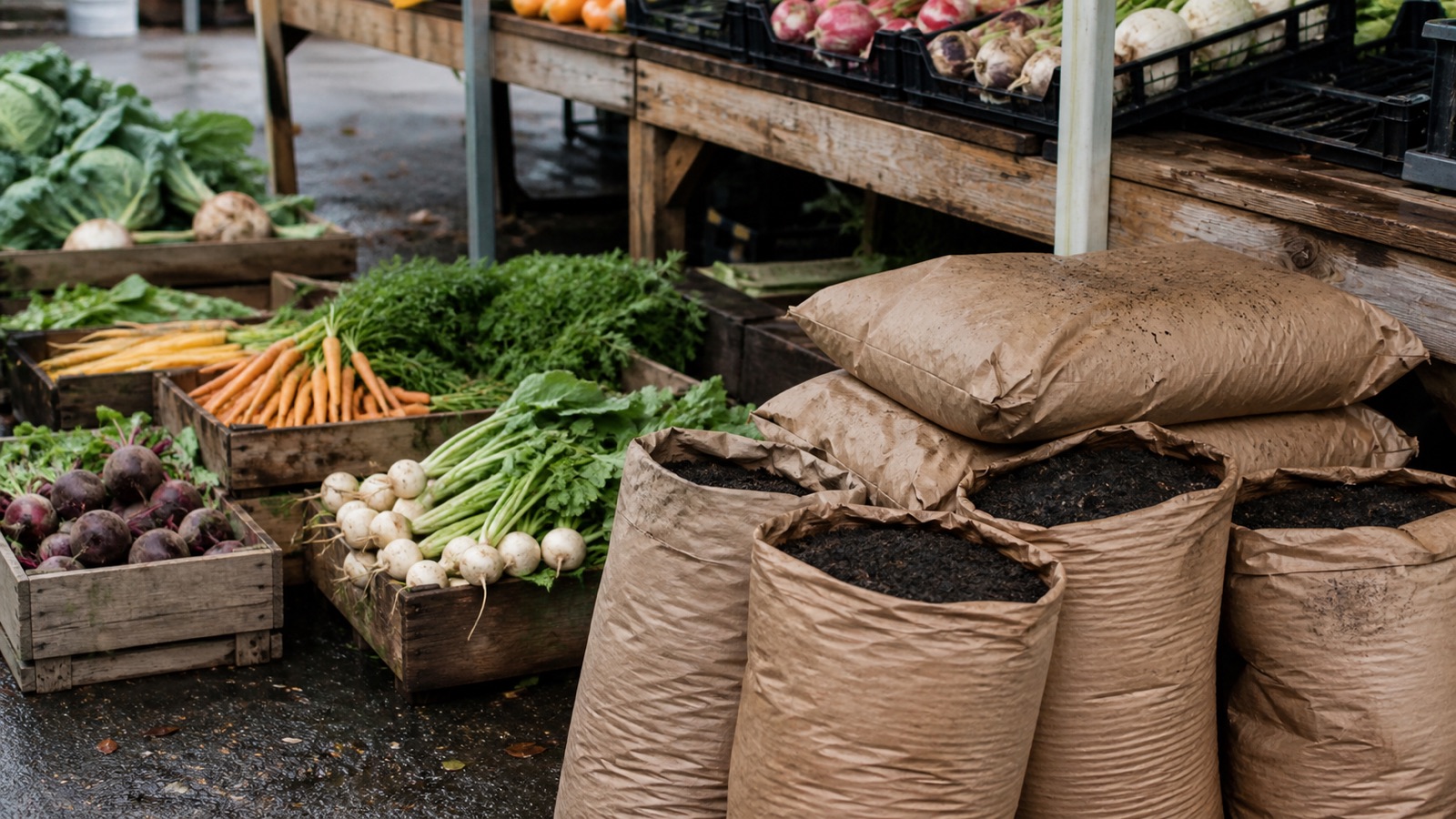 A New England farmers market stall with vegetables and bagged compost, Vermont farmers markets