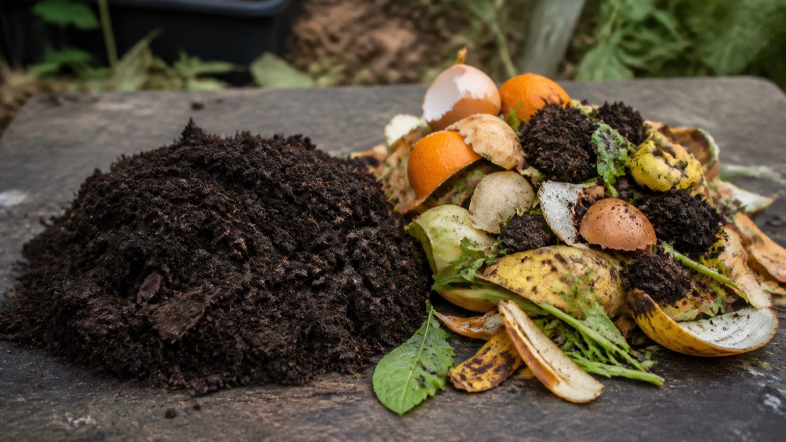 Finished dark crumbly compost beside raw kitchen scraps for comparison — what is compost