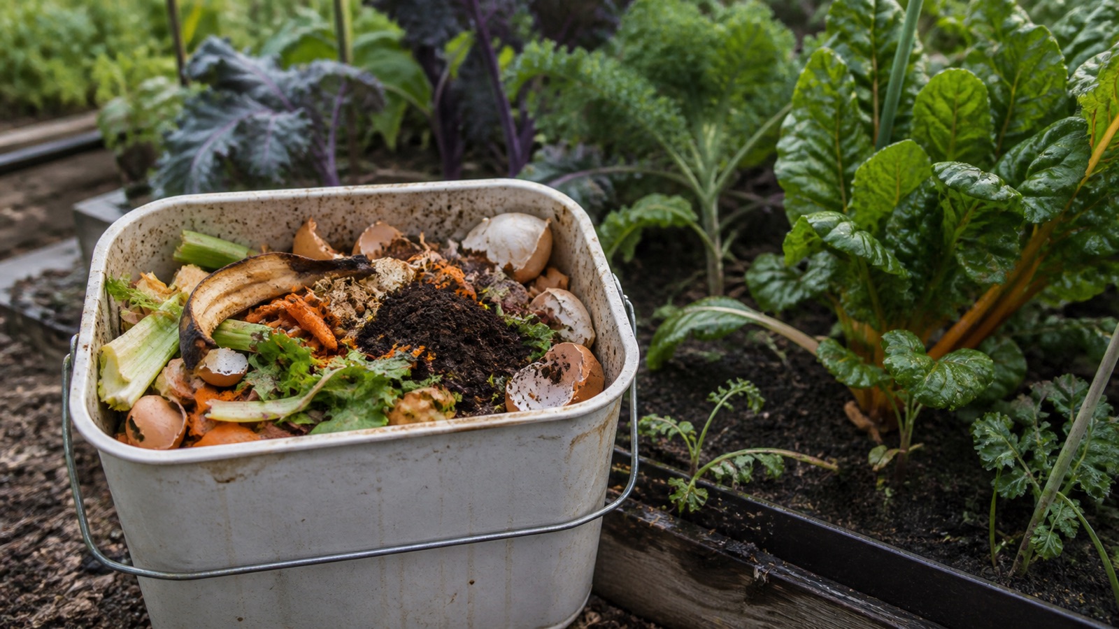 A full kitchen caddy of scraps beside a garden bed of healthy vegetables — why compost