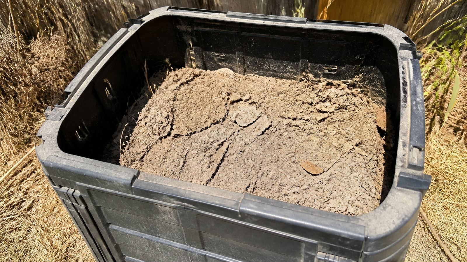 A black plastic compost bin in August with pale gray-brown material inside, cracked and shrunken away from the sides, showing compost drying out